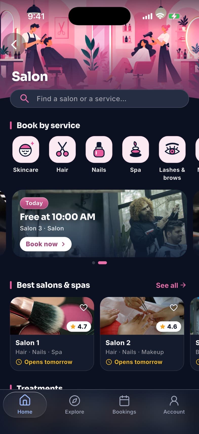 The Salon page in the Waqtee app: book by service, today's free times and the best salons.