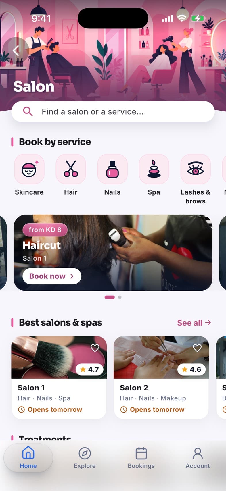 The Salon page in the Waqtee app: book by service, today's free times and the best salons.