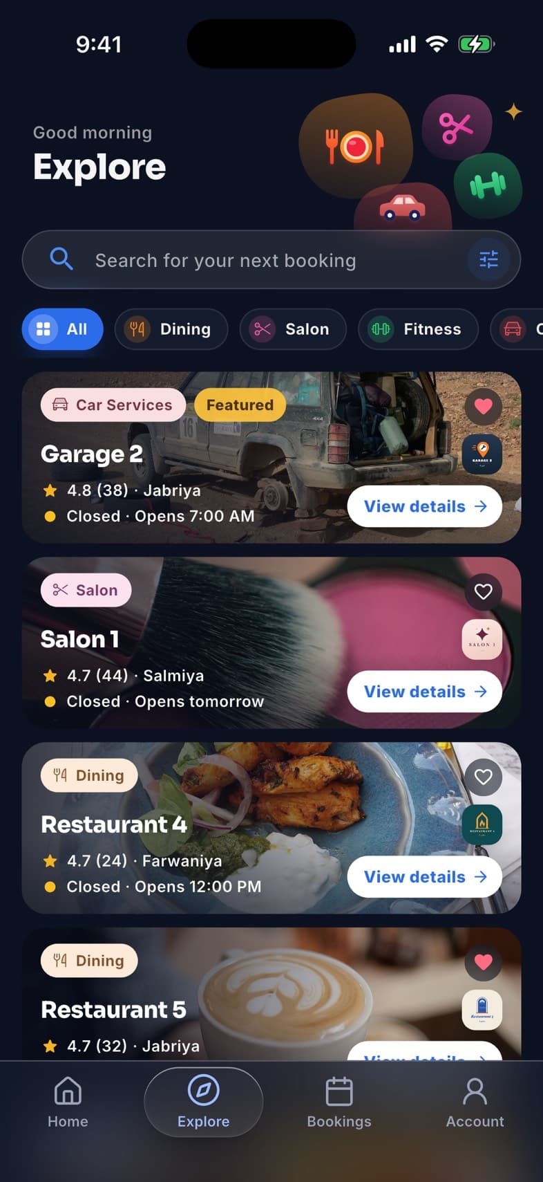 The Explore screen in the Waqtee app: businesses by category with their rating, area and opening hours.
