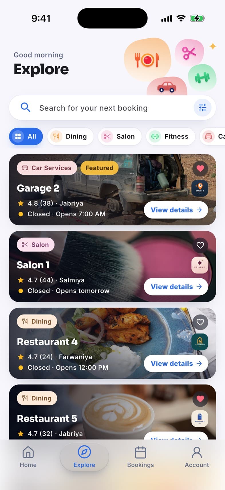 The Explore screen in the Waqtee app: businesses by category with their rating, area and opening hours.