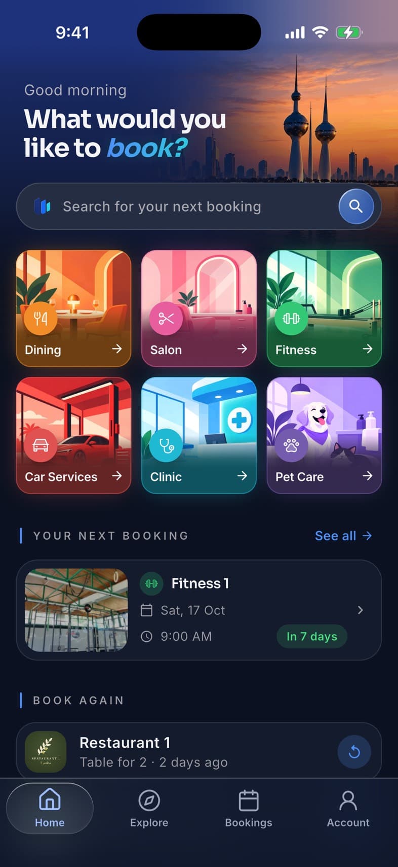 The Waqtee app's home screen: a search bar and the six categories to book.