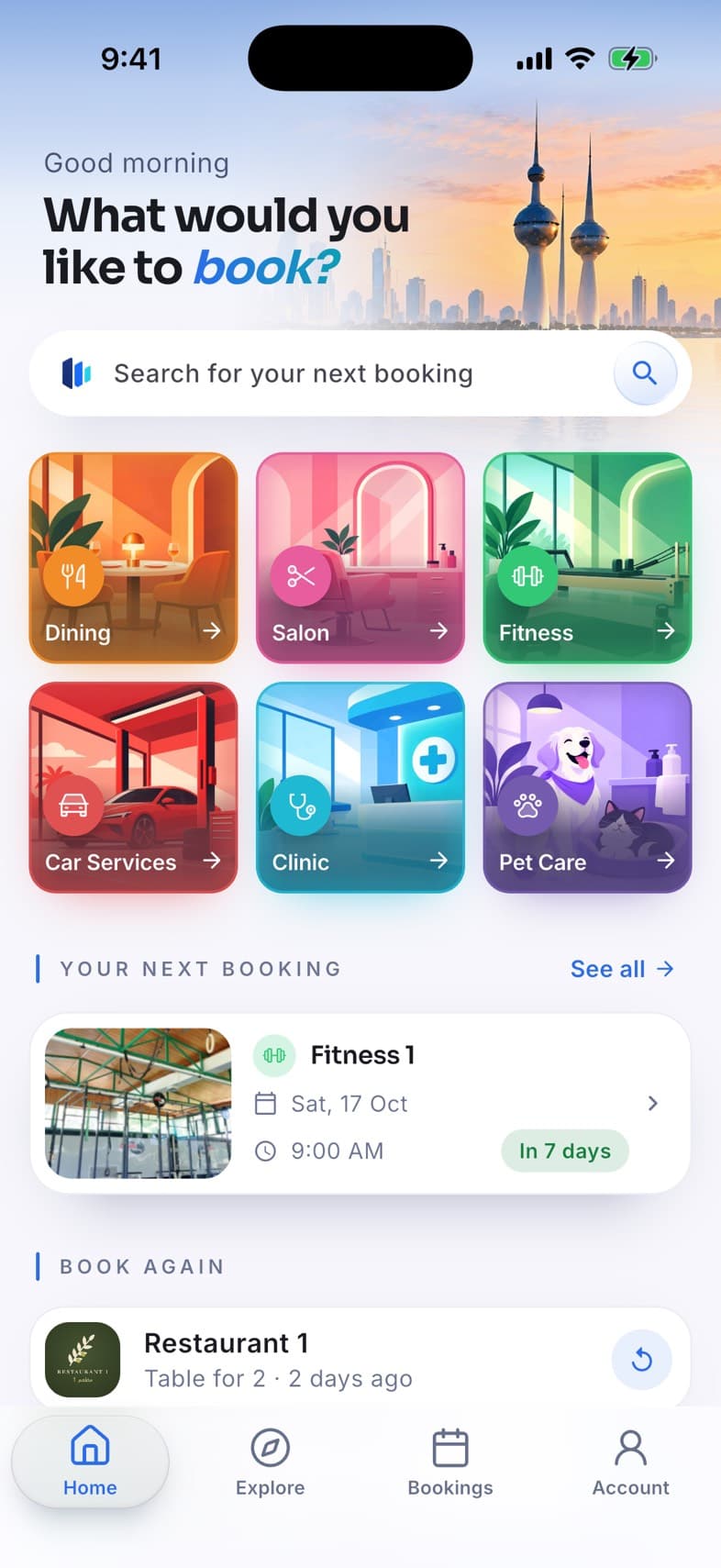 The Waqtee app's home screen: a search bar and the six categories to book.